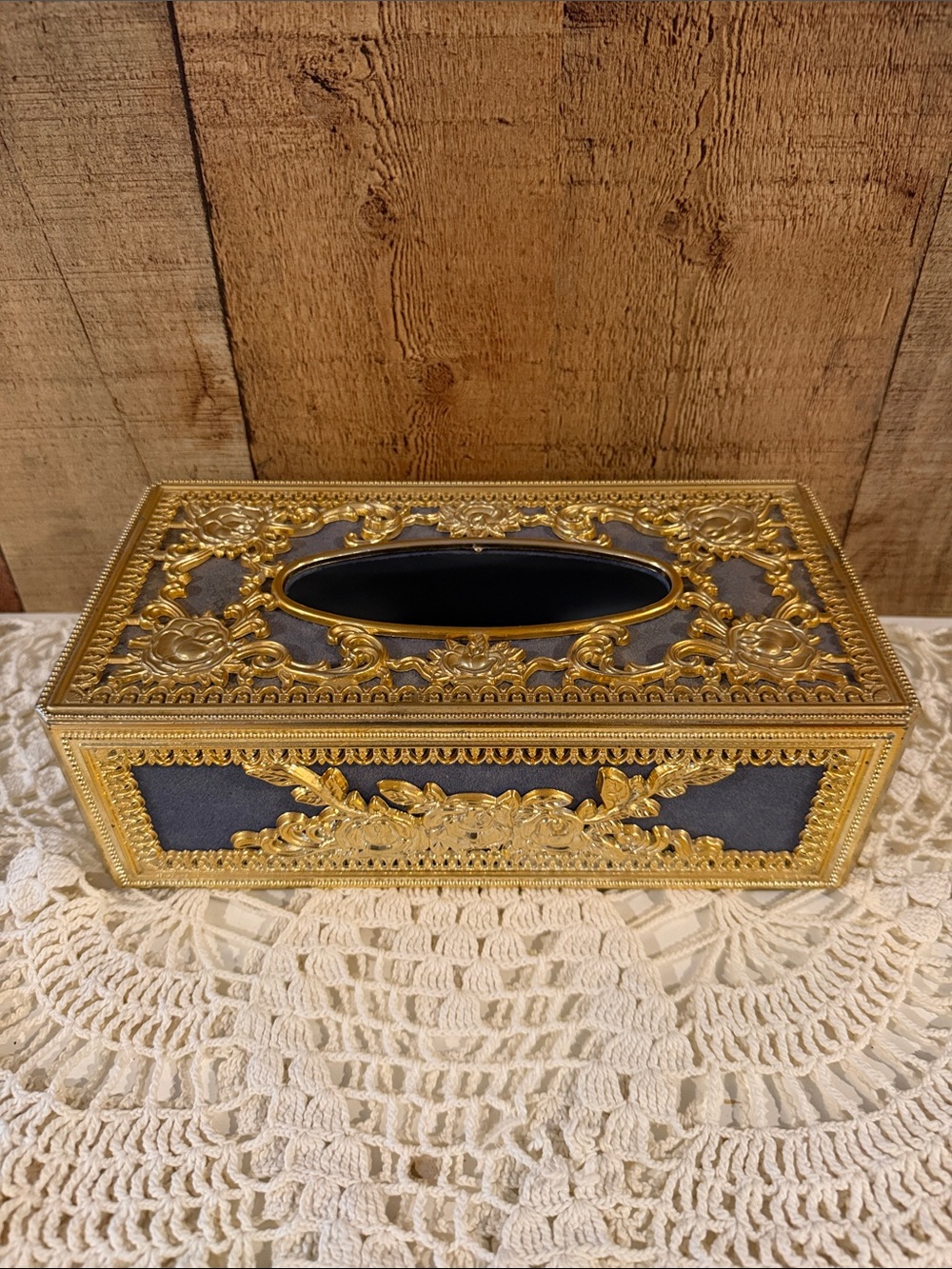 Vtg Hollywood Regency Style Gold Tone Filligree Flocked Blue Tissue Box Cover